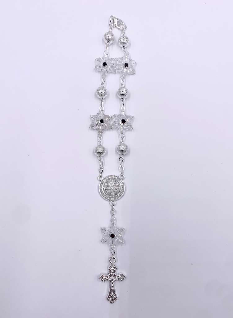 SILVER ONE-DECADE ROSARY WITH CLEAR STARS