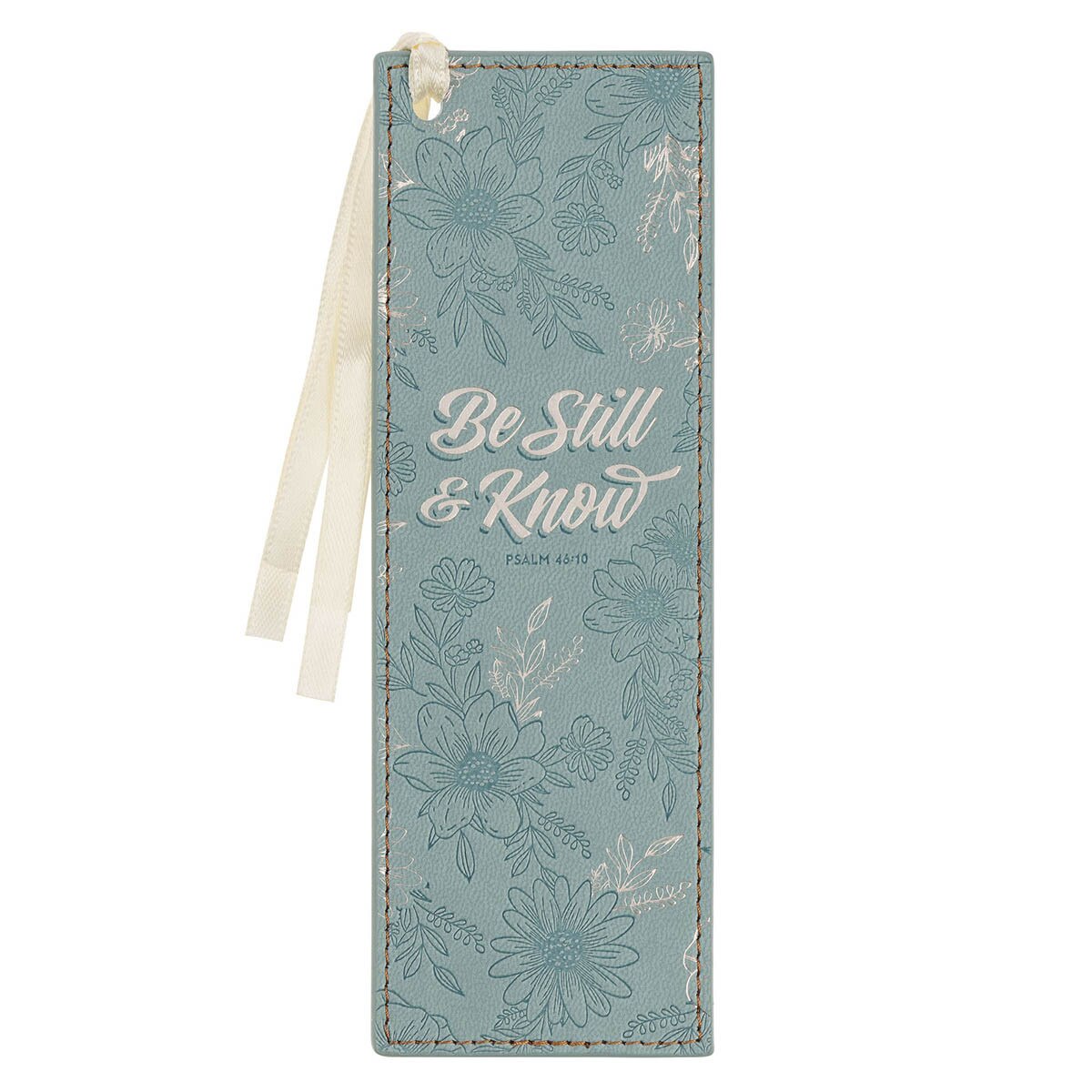 Be Still Teal Floral Faux Leather Bookmark - Psalm 46:10