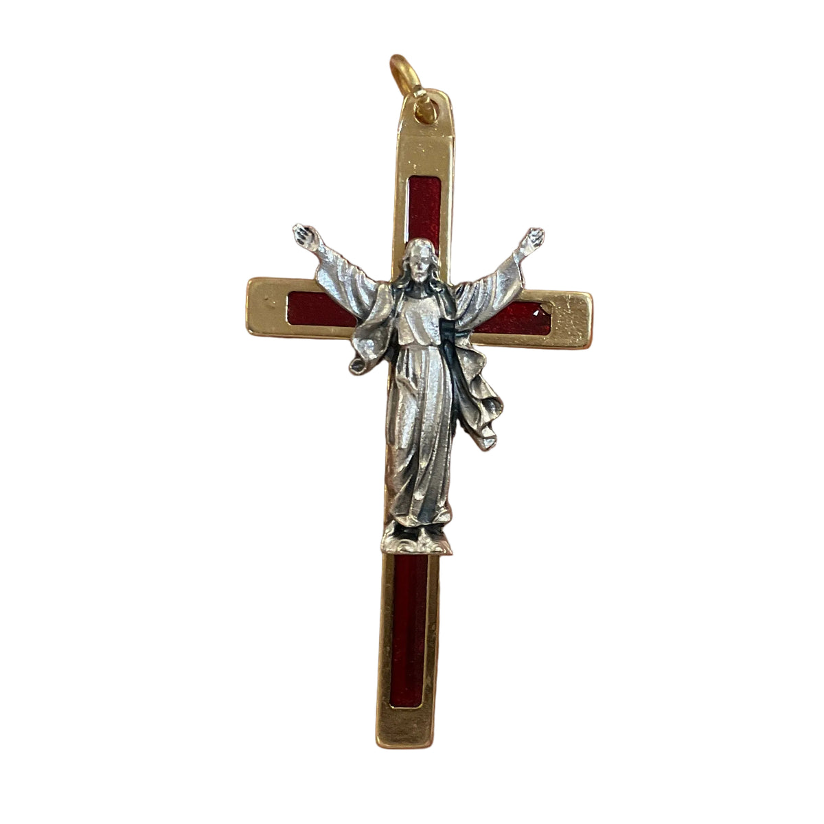 3" GOLD AND RED ENAMEL CRUCIFIX