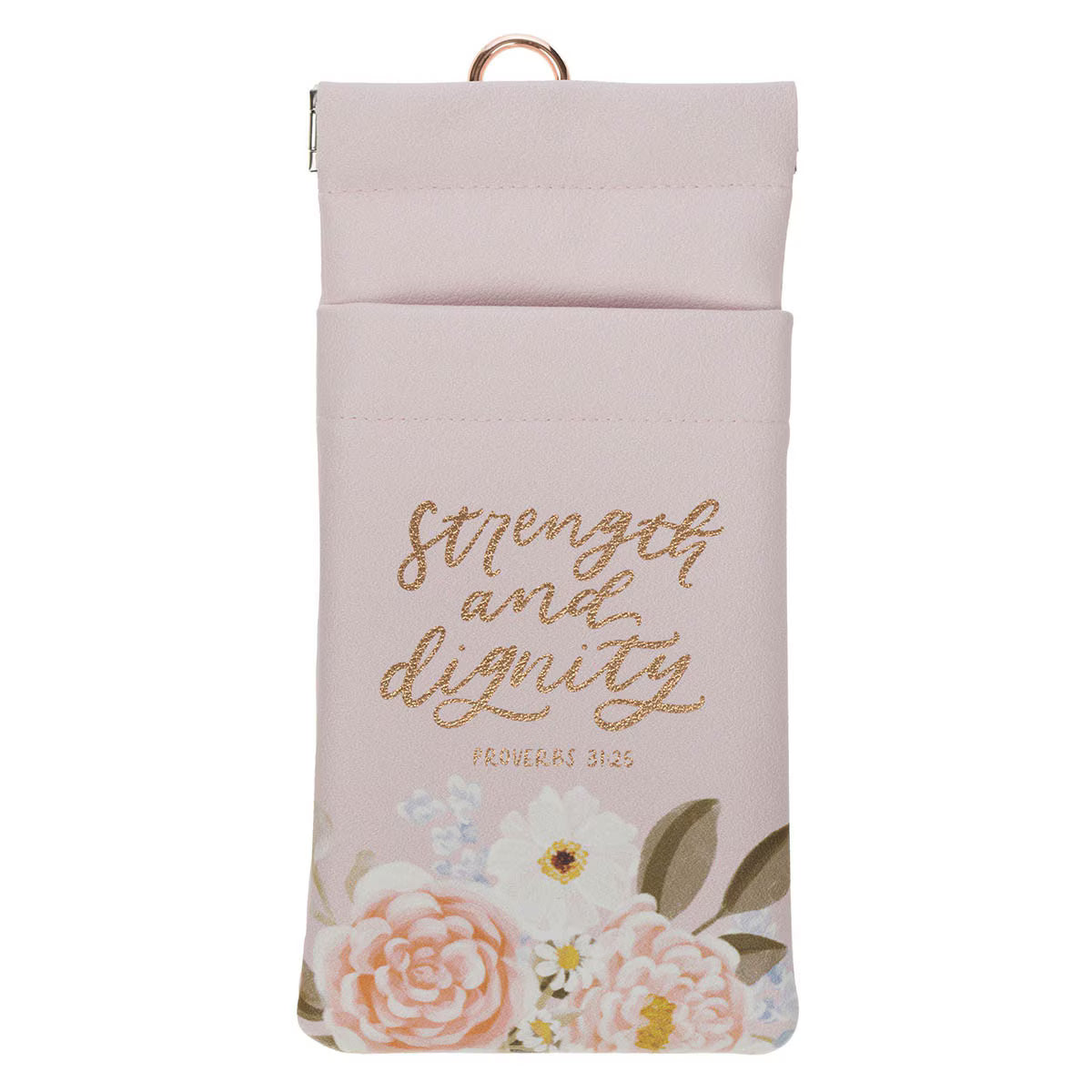 Strength and Dignity Pink Floral Faux Leather Double Eyeglass Case - Proverbs 31:25