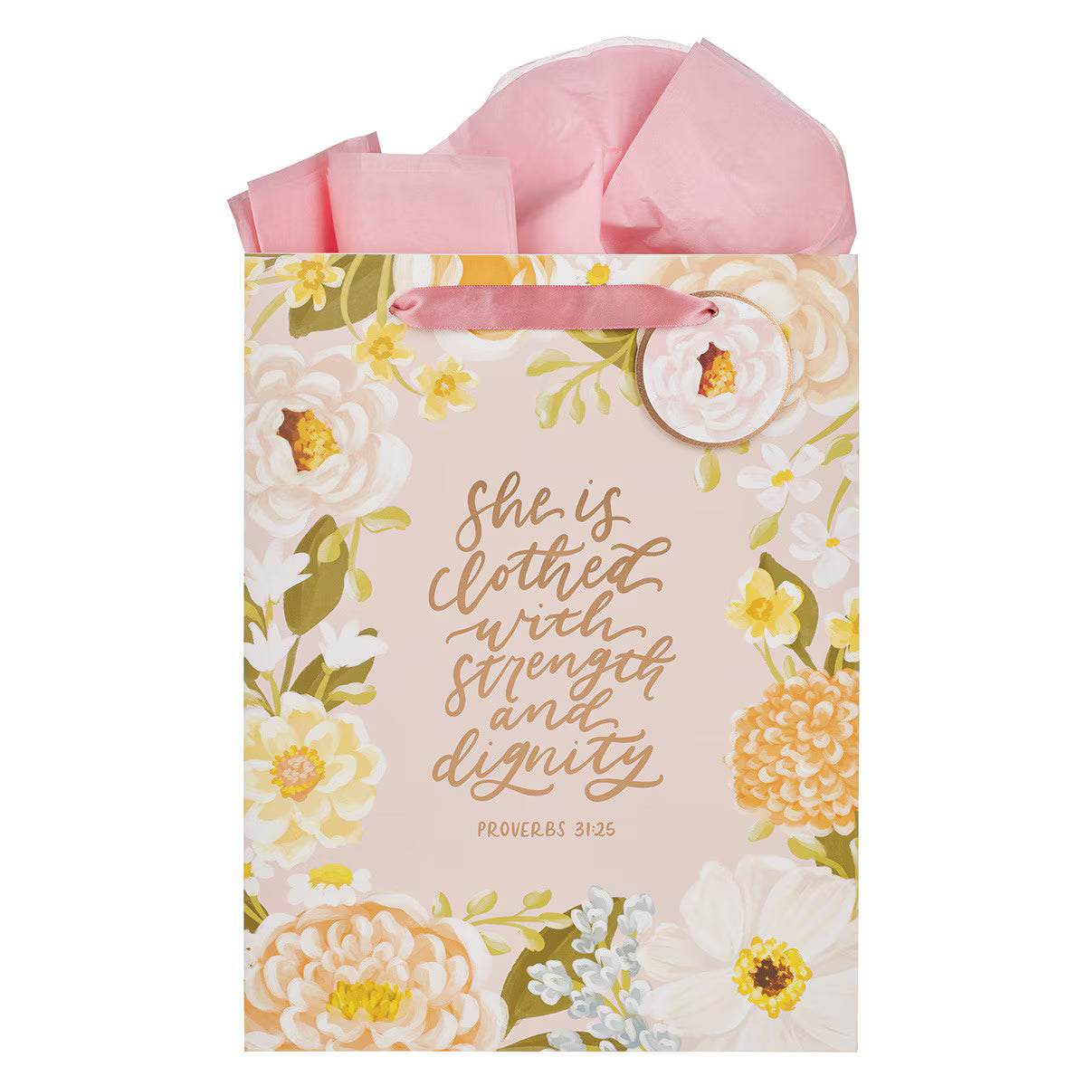 Strength and Dignity Pink Floral Large Portrait Gift Bag - Proverbs 31:25