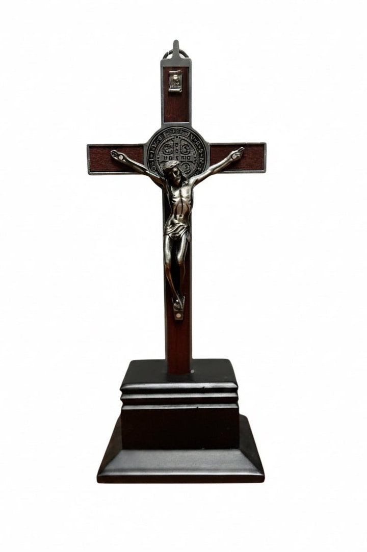 St. Benedict Crucifix Wooden Table Cross With Base 9" -C2
