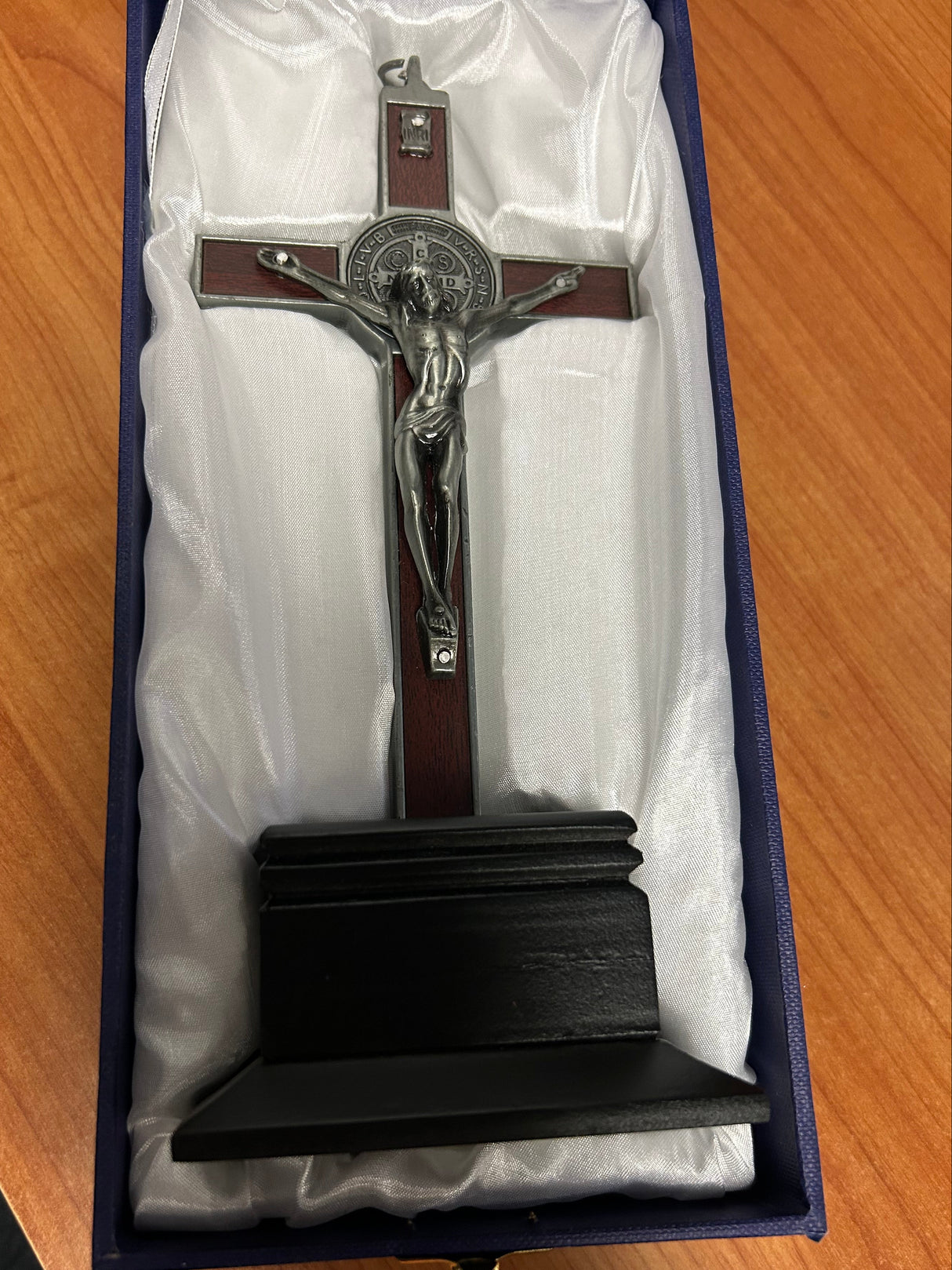 St. Benedict Crucifix Wooden Table Cross With Base 9" -C2