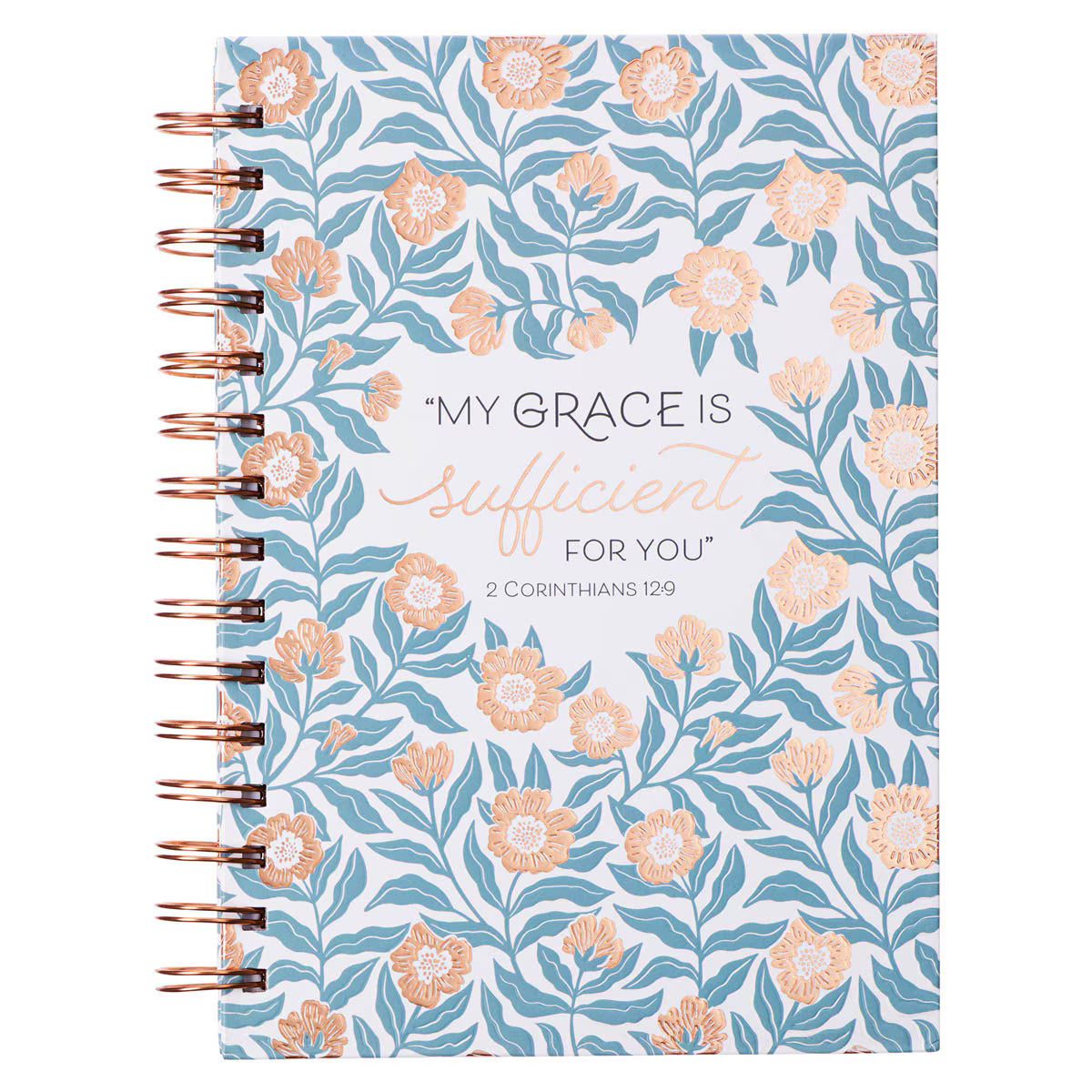Sufficient Grace Teal Floral Spiral Journal - 2 Corinthians 12:9