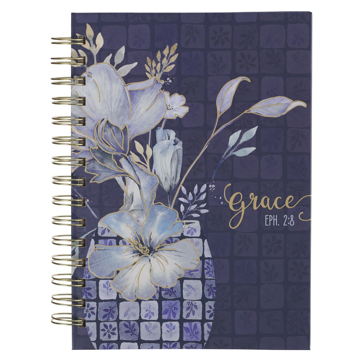 Grace Blue Floral Tile Wirebound Journal - Ephesians 2:8