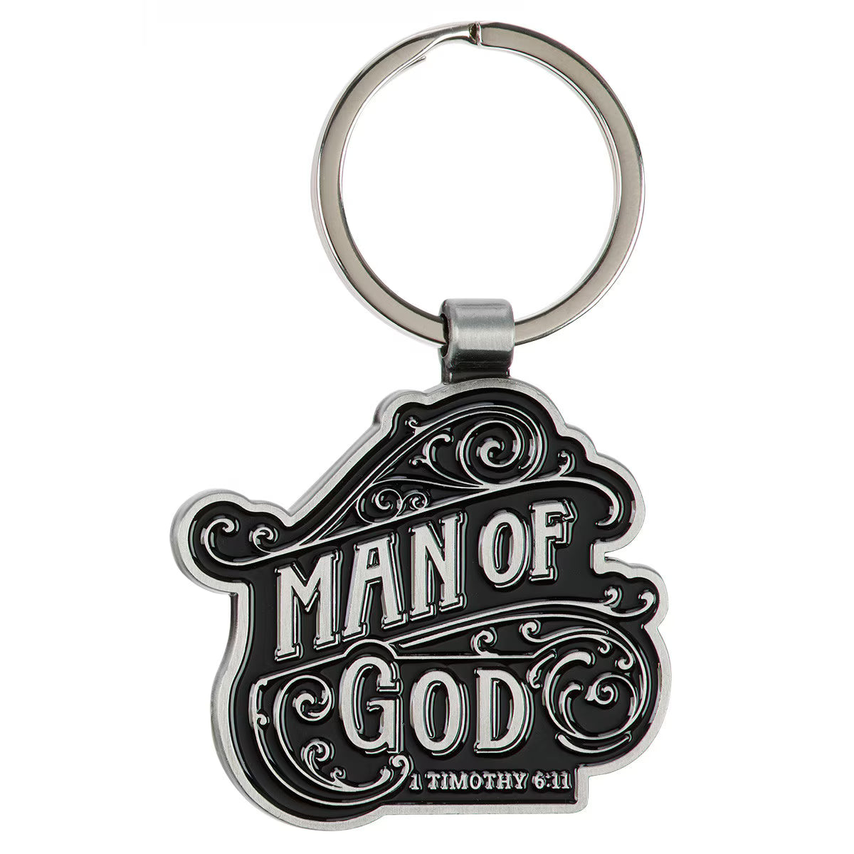 Man of God Black and Silver Metal Keychain - 1 Timothy 6:11