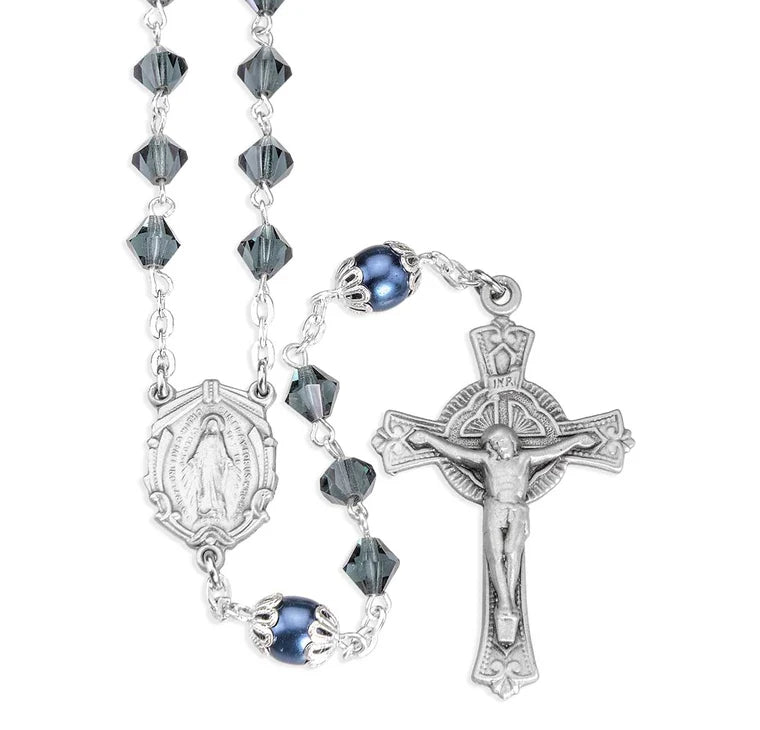 6mm Czech Crystal Bicone Midnight Blue Beads W/ Capped Round O.F Beads & Pewter Center & Crucifix