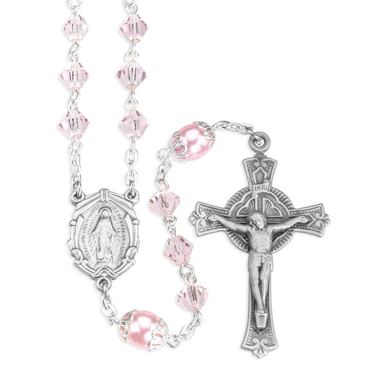 6mm Czech Crystal Bicone Pink Beads W/ Capped Round O.F Beads & Pewter Center & Crucifix