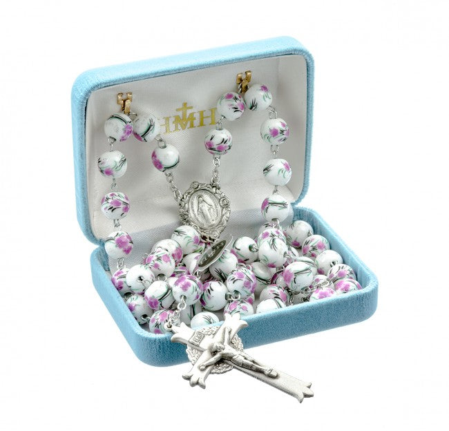 10mm White/Pink glass flower bead New England pewter rosary with center and crucifx (212/141)-Bxd