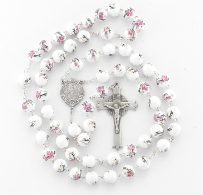 10mm White/Pink glass flower bead New England pewter rosary with center and crucifx (212/141)-Bxd