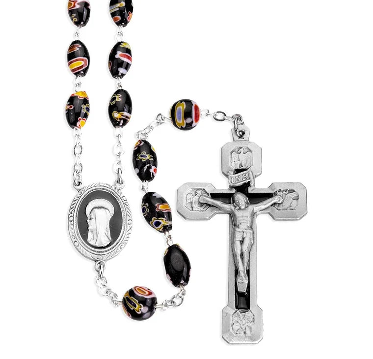 Venetian Glass Black & Multicolored Bead Rosary W/ Pewter Ctr & Pewter Epoxy Cricifix