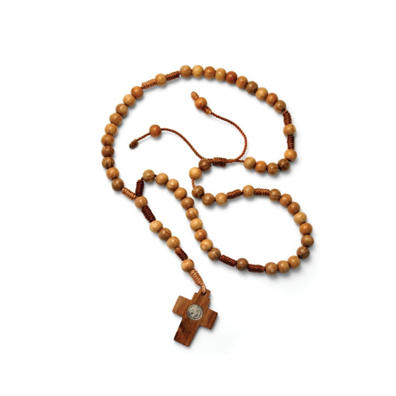 17" ST BENEDICT MEDAL BROWN WOOD BEAD ROSARY