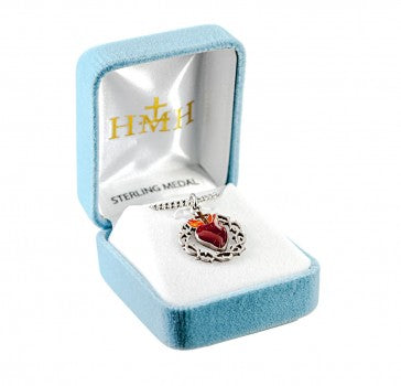 Sterling Silver Red Enameled Heart "Crown of Thorns" Medal