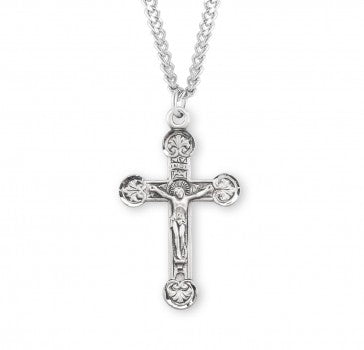 1-1/2' Sterling Silver Crucifix w/ Flourette Tips in Antique Satin Finish Hand Engraved on a 24" Ch-Bxd