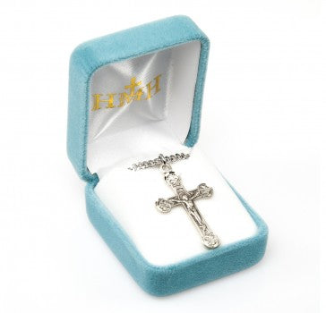 1-1/2' Sterling Silver Crucifix w/ Flourette Tips in Antique Satin Finish Hand Engraved on a 24" Ch-Bxd