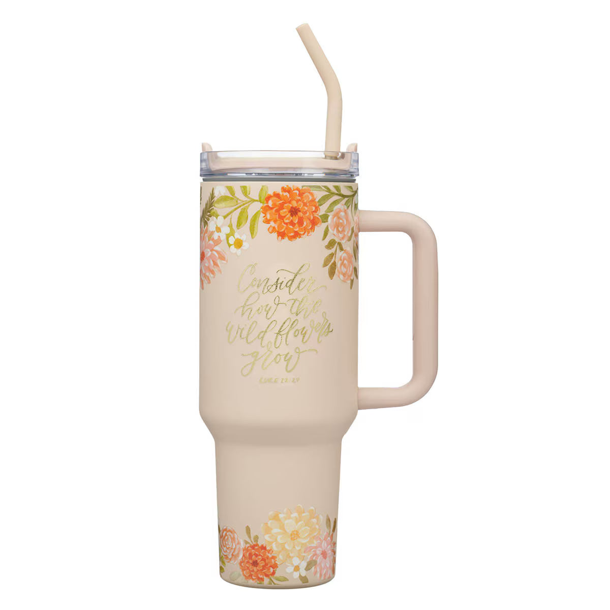 Consider the Wildflowers 40 oz Peach Stainless Steel Tumbler with Straw - Luke 12:27 L-1R