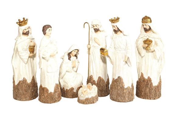 NATIVITY SET CREAMWHITE WOODLOOK 7PC 8IN