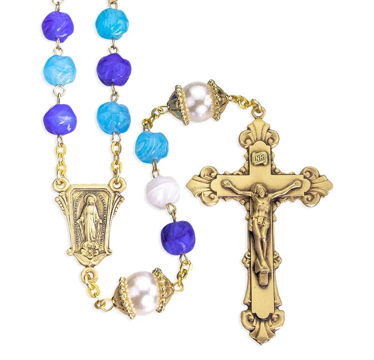 8mm Aqua & Blue Glass Bead Rosary with Solid Brass Center & Crucifix