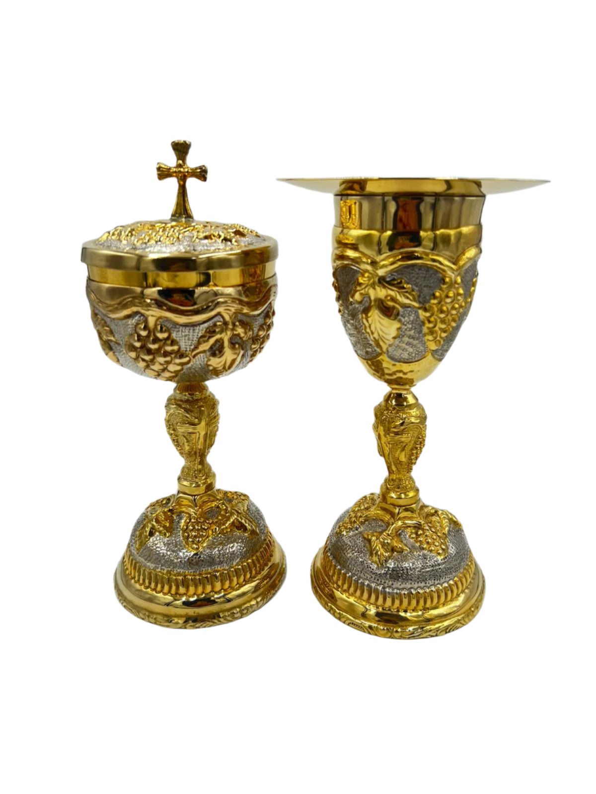 Gold Plated Chalice with Paten and Ciborium Embossed Grapes