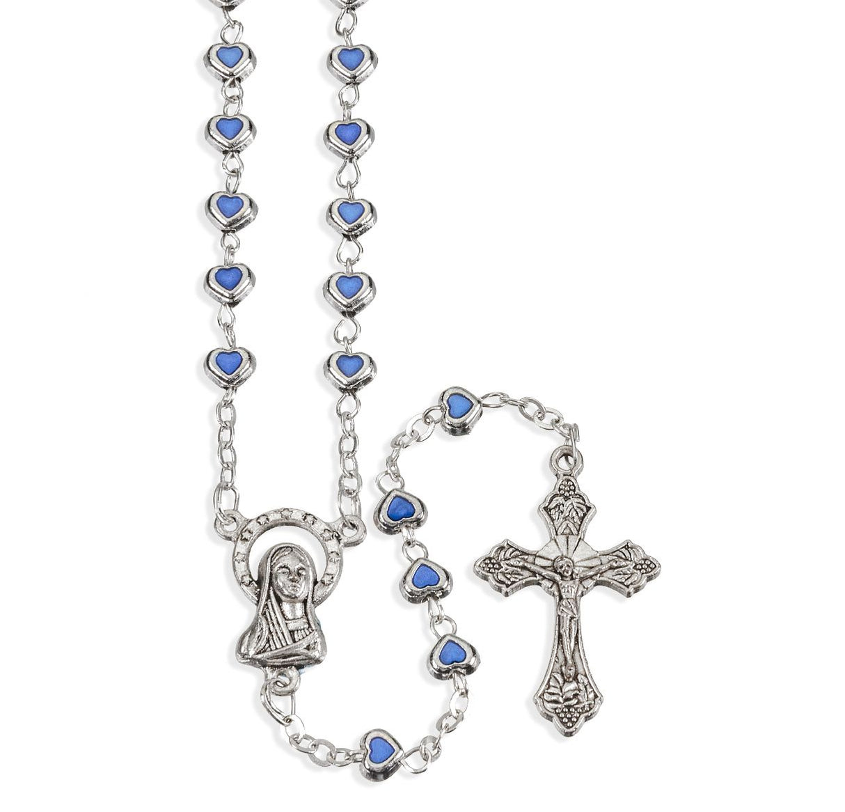 4mm Blue Epoxied Heart Shaped Bead Rosary with Oxidized Center and Crucifix