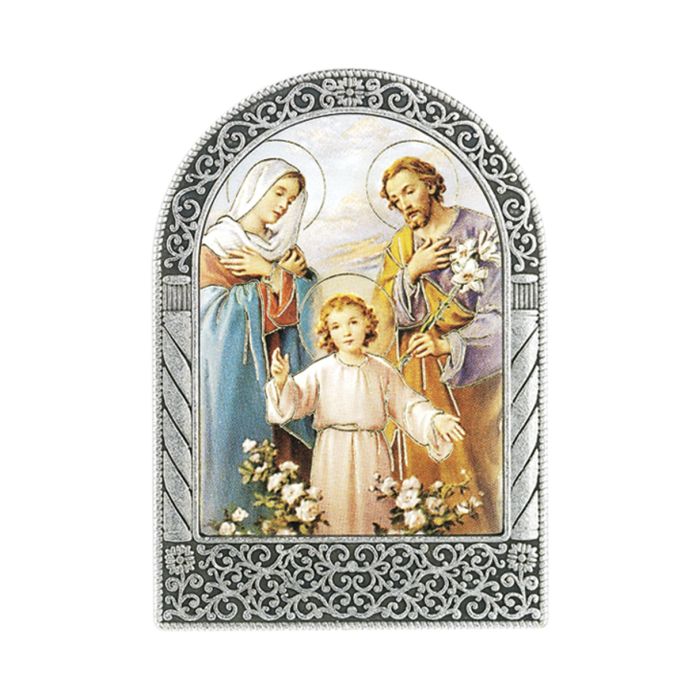 Antique Silver Metal Arched Easel with Gold Embossed Holy Family Print