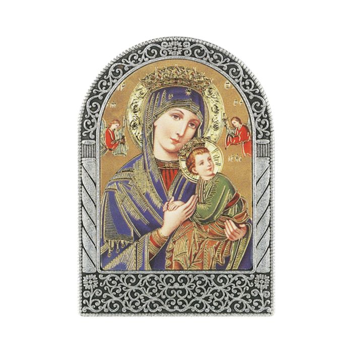 Antique Silver Metal Arched Easel with Gold Embossed Our Lady of Perpetual Help Print