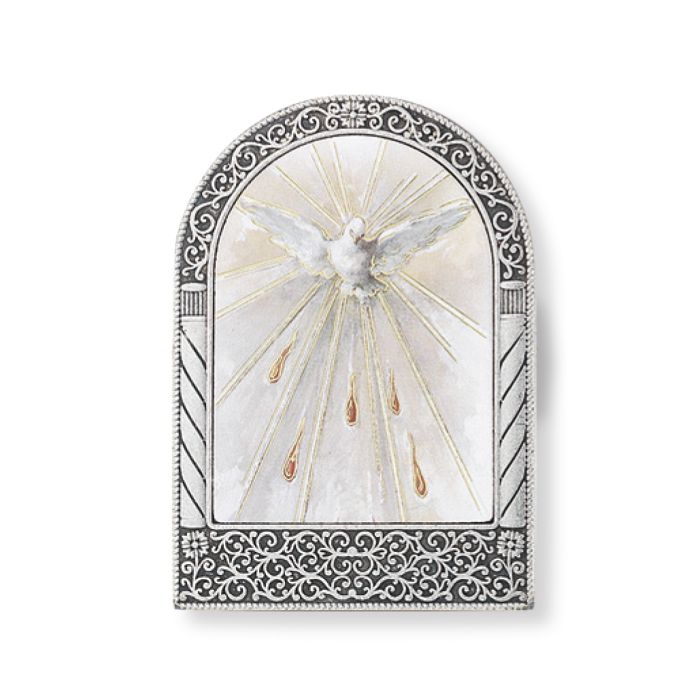 Antique Silver Metal Arched Easel with Gold Embossed Holy Spirit - Confirmation Print