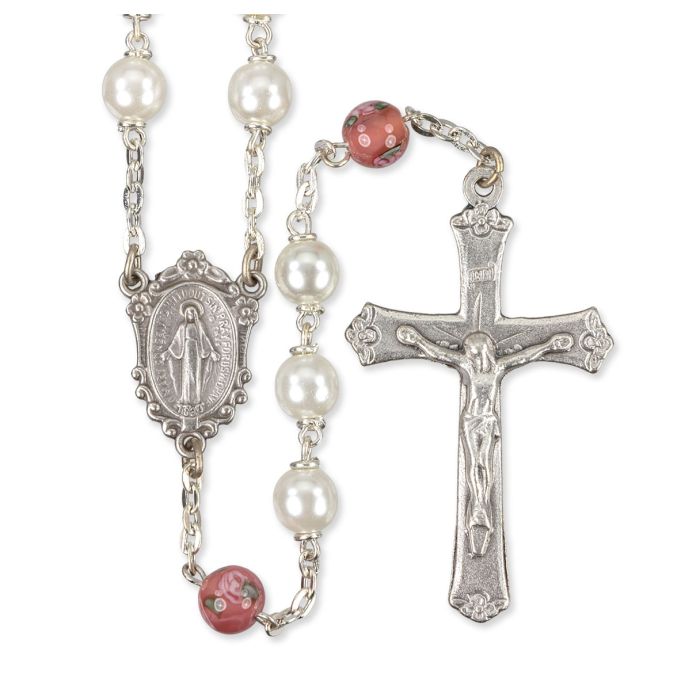 WHITE PEARL BEAD ROSARY WITH FLORAL OUR FATHER BEADS
