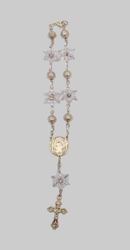GOLD ONE-DECADE ROSARY WITH ST BENEDICT MEDAL AND CLEAR STARS