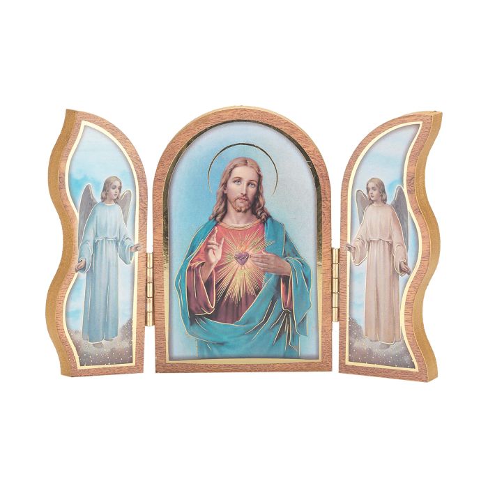Sacred Heart of Jesus Standing Natural Wood Triptych