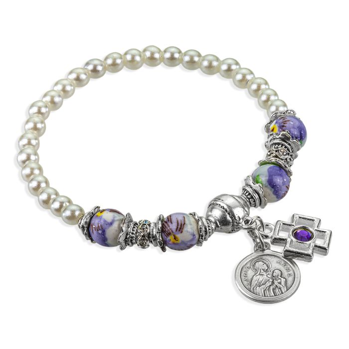 Purple and Pearl Blessed Beads Bracelet with Saint Anne Medal