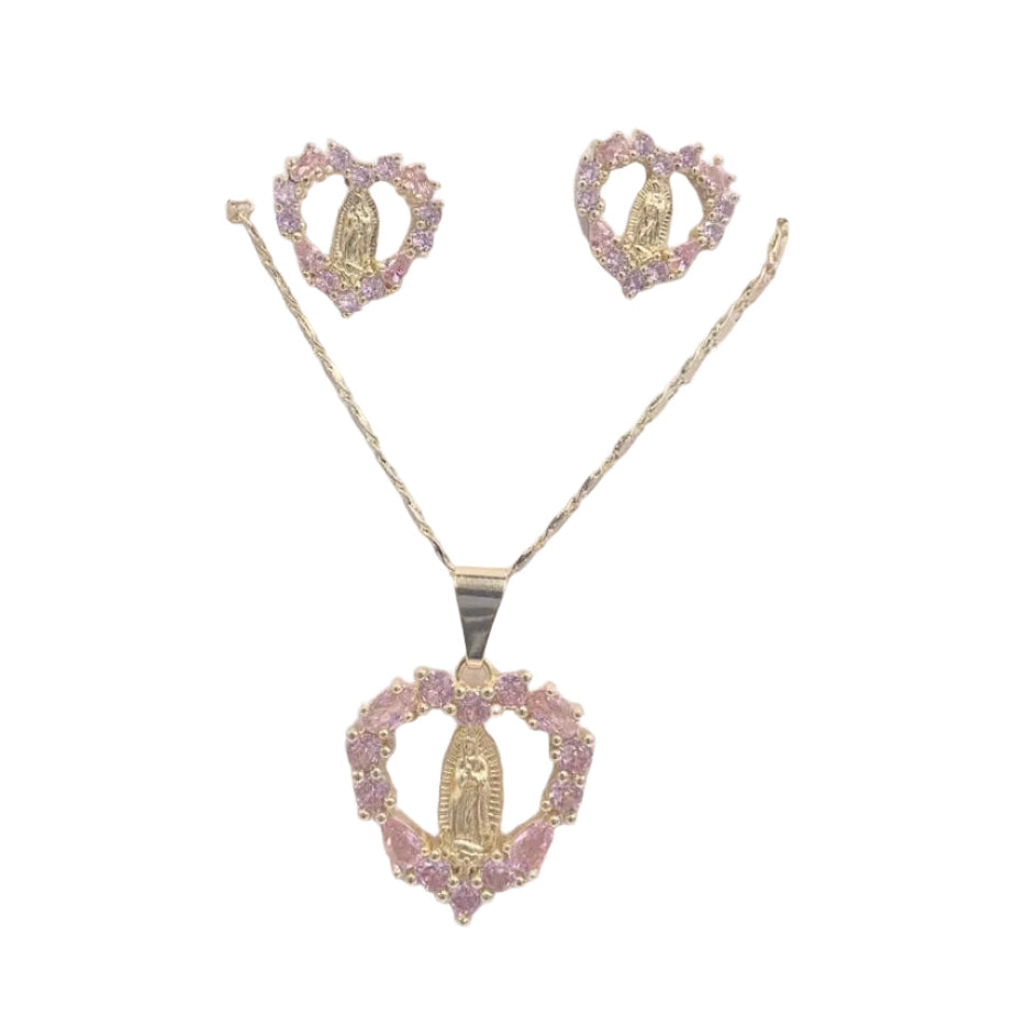 PINK RHINESTONE HEART WITH OUR LADY OF GUADALUPE NECKLACE SET