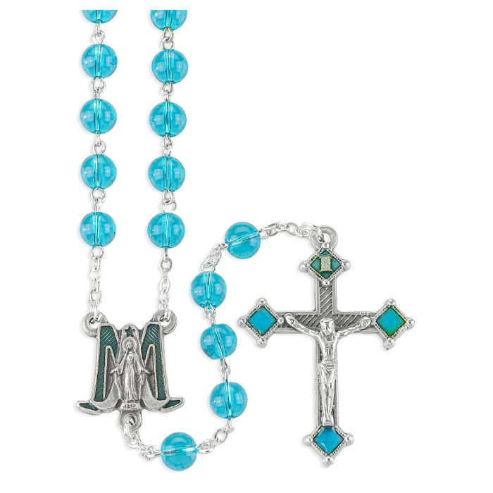 Aqua Glass Bead Rosary with Epoxied Center and Crucifix