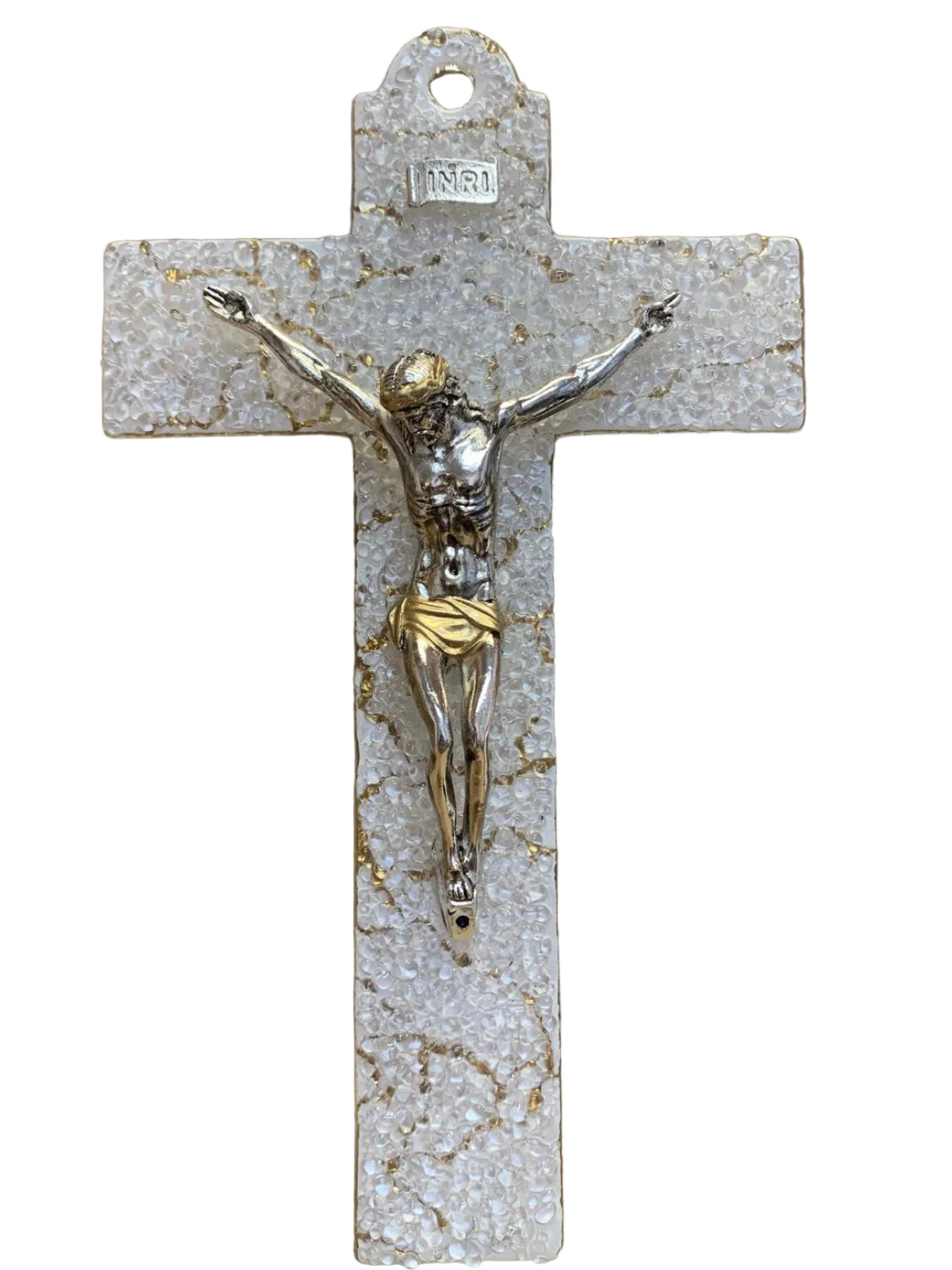 9.5 X 5.5 "MURANO WHITE GLASS WITH GOLD CRUCIFIX D-5