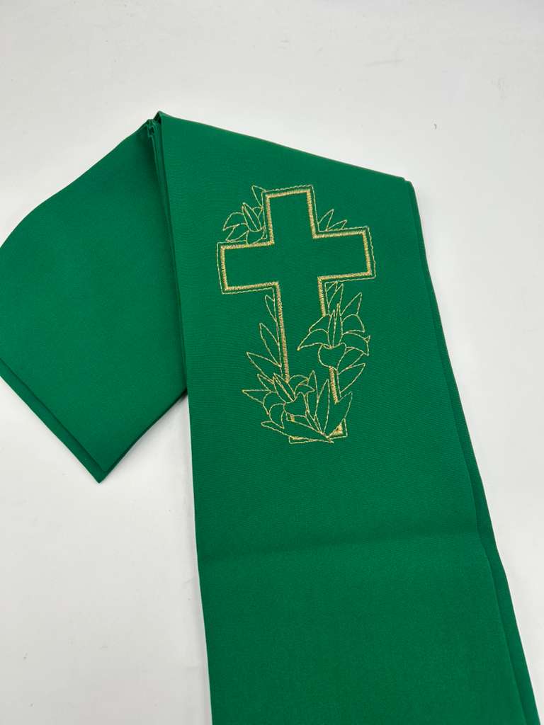 GREEN DEACON STOLE EMBROIDERED \CROSS