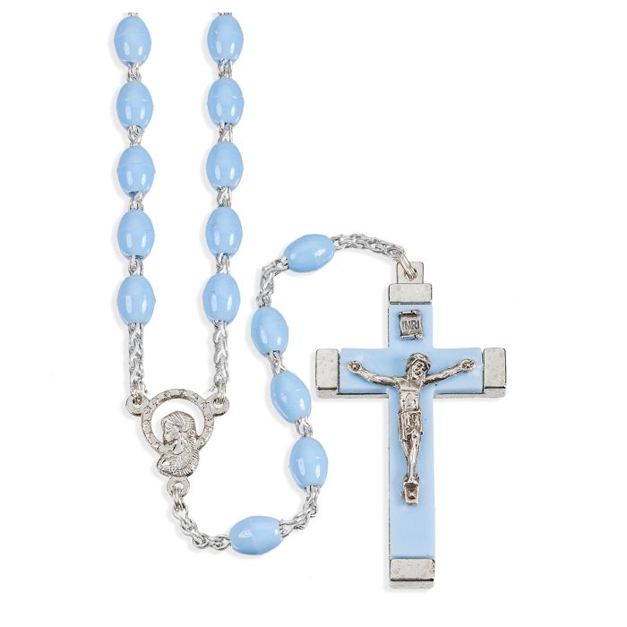 Blue Acrylic Bead Rosary with Metal Bound Crucifix
