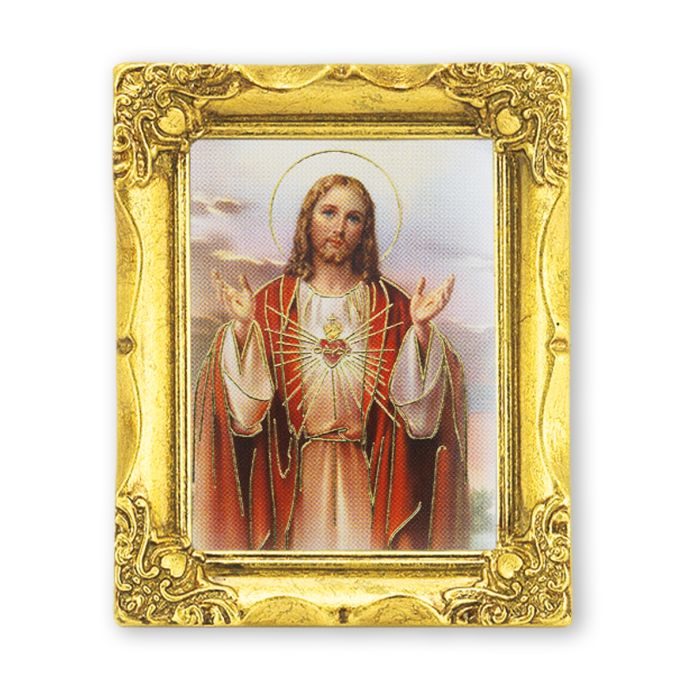 3" x 2" Antique Gold Frame with Sacred Heart of Jesus Print-P65