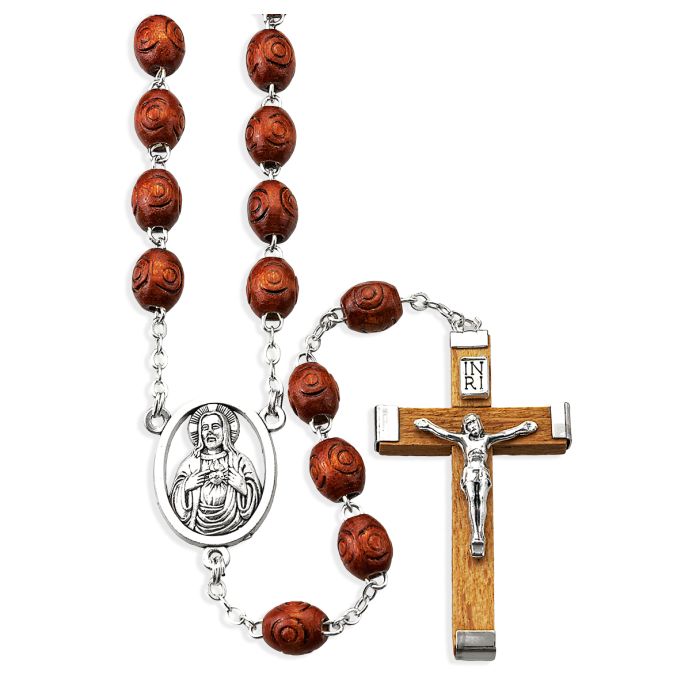 Sacred Heart Brown Wood Carved Bead Rosary