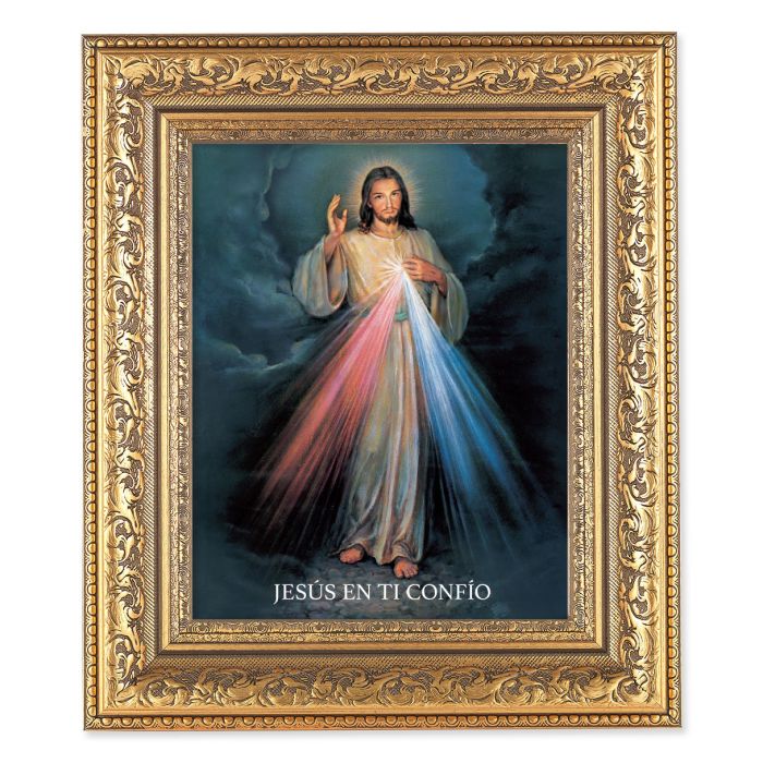 12 1/2" x 14 1/2" Ornate Gold Leaf Antique Frame with 8" x 10" Spanish Divine Mercy Print
