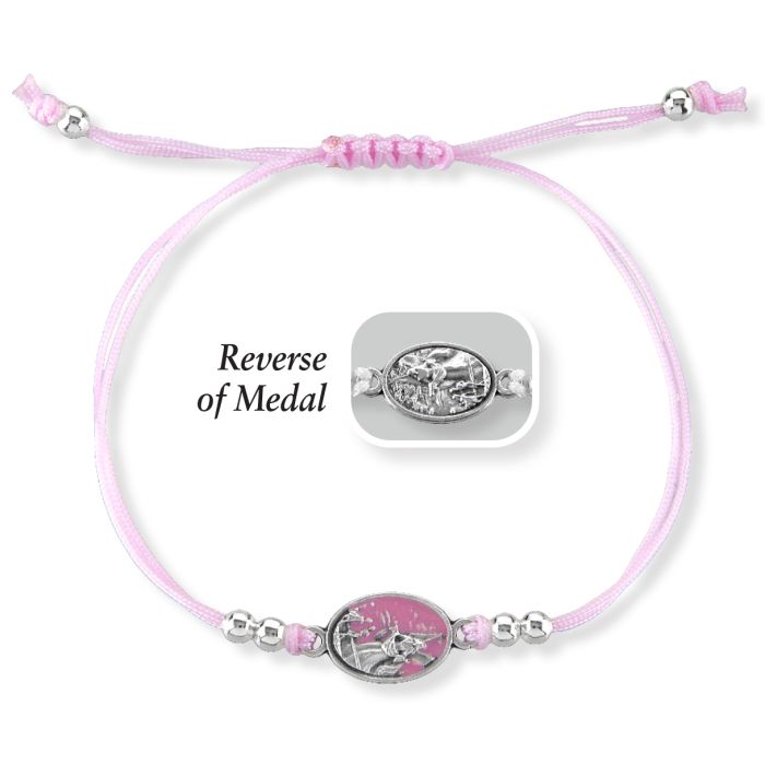 Pink Cord Bracelet with Guardian Angel Medal and Accent Beads