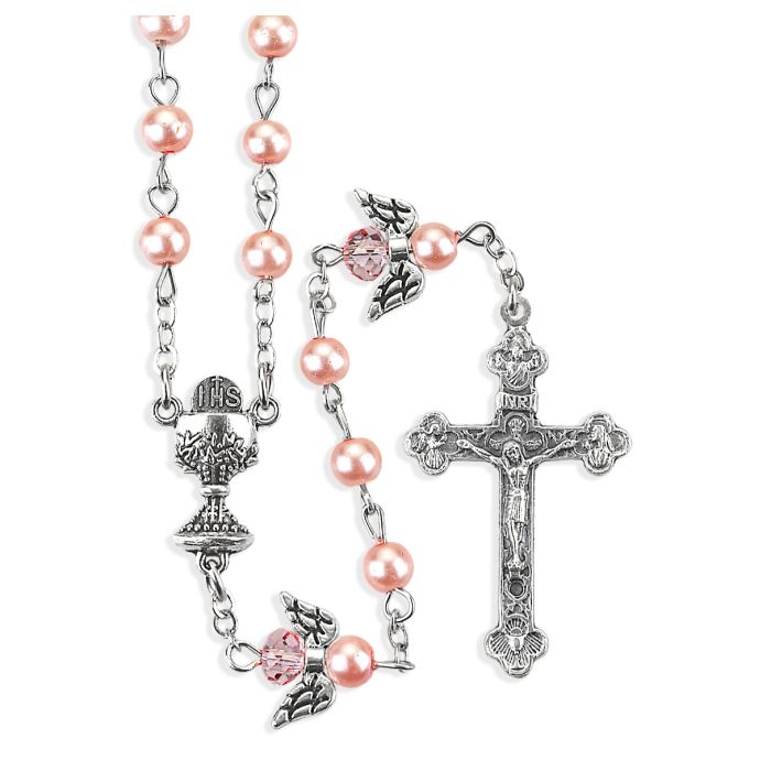 6mm Imitation Pink Pearl Glass Bead Communion Rosary with Angel Our Father Beads
