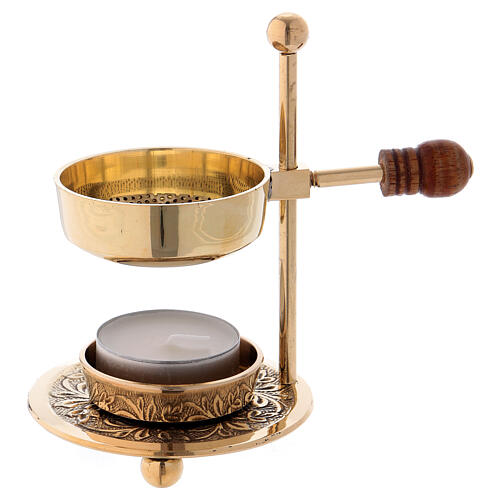 Gold plated brass incense burner with wood handle 4 1/4 in C-2