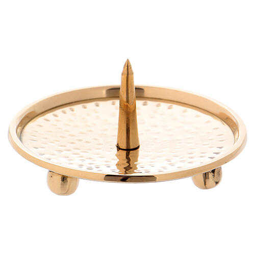 Hammered candlestick in gold plated brass with central spike d. 3 in