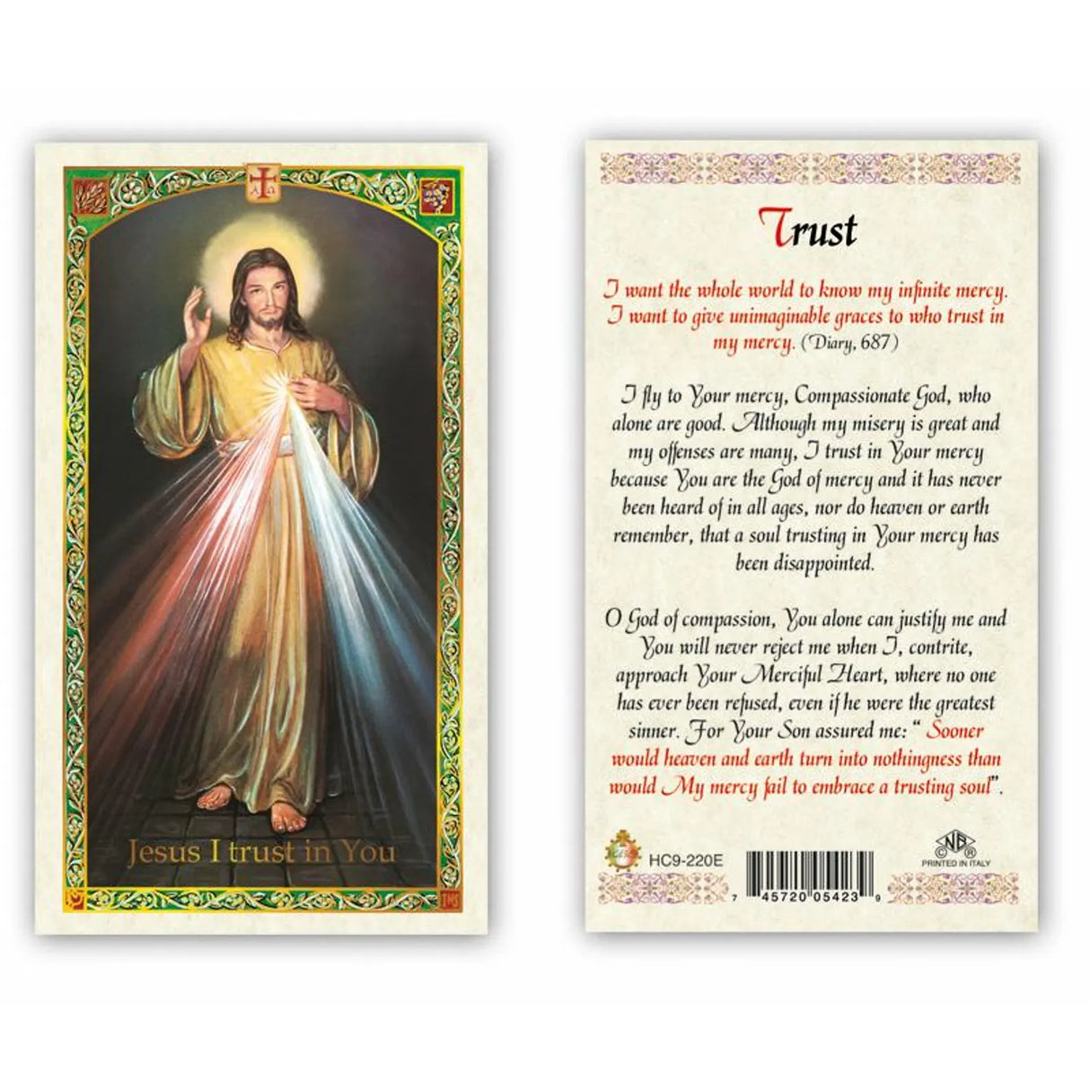 Divine Mercy - Trust - Laminated Prayer Card