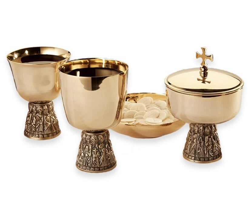 LAST SUPPER CHALICE & PATEN, CIBORIUM, COMMUNION CUP SET