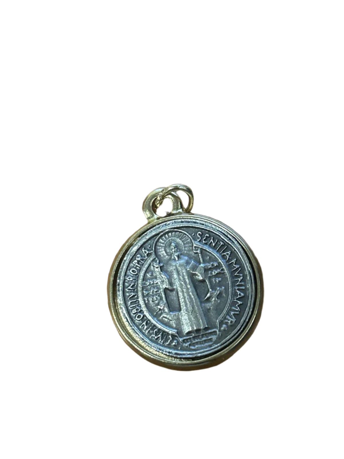 Medalla De San Benito Abad St Saint Benedict Antique Silver /Gold Tone 3/4"