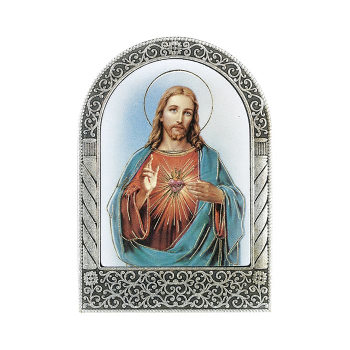 Antique Silver Metal Arched Easel with Gold Embossed Sacred Heart of Jesus Print