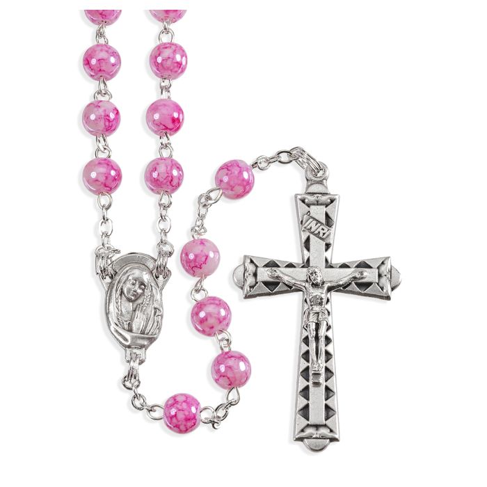 6mm Pink Marbleized Rosary with Center and Crucifix