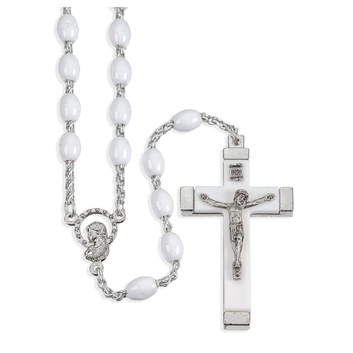 White Acrylic Bead Rosary with Metal Bound Crucifix