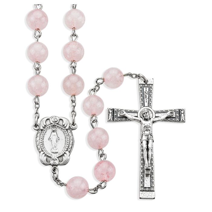 GENUINE ROSE QUARTZ STONE BEAD ROSARY, BOXED